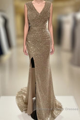 Sheath / Column Semi Formal Prom Dresses Sparkle & Shine Dress Cocktail Party Sweep / Brush Train Sleeveless V Neck Sequined With Glitter Ruched Slit